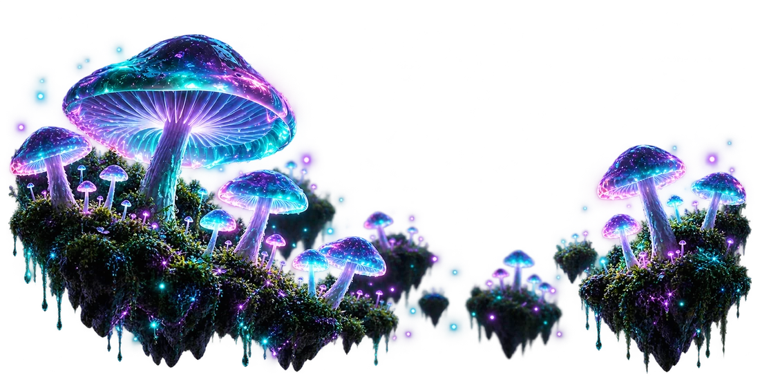 Biolume theme: glowing turquoise and violet mushrooms